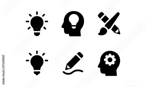 Creative mind icons: minimalist design with light bulb and head silhouettes