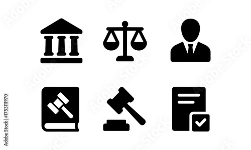 Legal icons set featuring courthouse, scales, judge, law book, gavel, and document