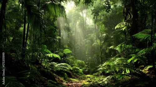 Lush green tropical rainforest with sunlight filtering through trees