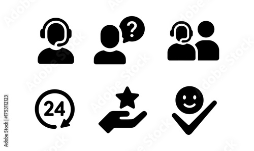 Customer support icons set: call center, service, 24 hour assistance, quality assurance, satisfaction