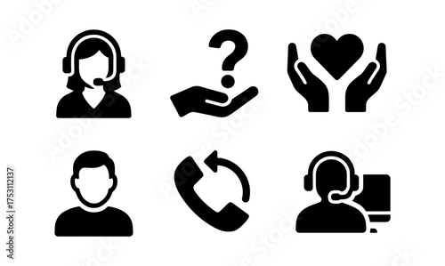 Customer support icons set: silhouette style with call center and help desk symbols