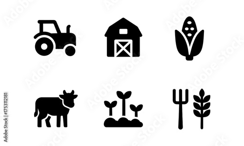 Minimalist farm icons set: tractor, barn, corn, cow, plants, pitchfork