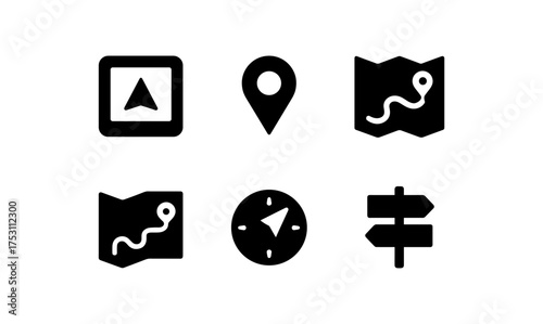 Essential navigation icons: maps, signposts, and compass in minimalist black style