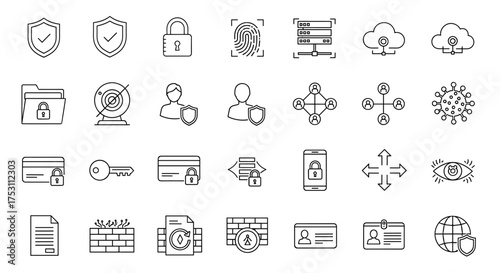Cyber security line icon set. Data protection, privacy, internet safety concepts. Antivirus, firewall, vpn, password, network, user authentication, secure payment vector.