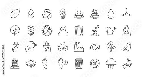Ecology line icon collection. Environment, green energy, and sustainability concept. Symbols for recycling, climate change, conservation, pollution, and eco friendly living.