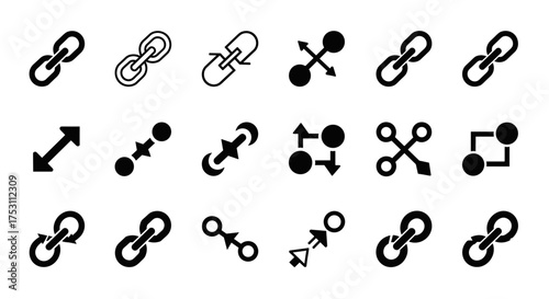 Link icon set. Hyperlink chain symbol. Web connection, relationship, share, connect icons. Simple flat glyph vector for UI, UX design. SEO and backlink concept graphic.