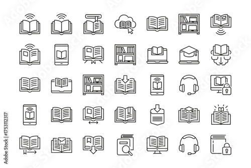 Book icon set. E-book and audiobook thin line icons. Online library, digital reading, and e-learning symbols. Education technology, literature, knowledge vector concept.