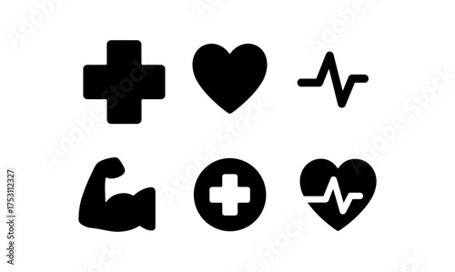 Health and fitness icons: heartbeat, cross, heart, muscle in bold black silhouette