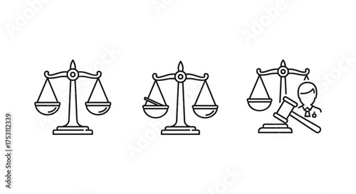 Justice scales vector icon set. Legal balance, law, and court concepts. Judge, gavel, and fairness symbol. Line art for judiciary, legal process, and judgment illustration.