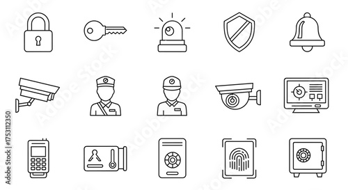 Security and protection line icon set. Vector symbols for safety and surveillance systems. Includes padlock, key, CCTV camera, guard, alarm, shield, fingerprint, and safe.