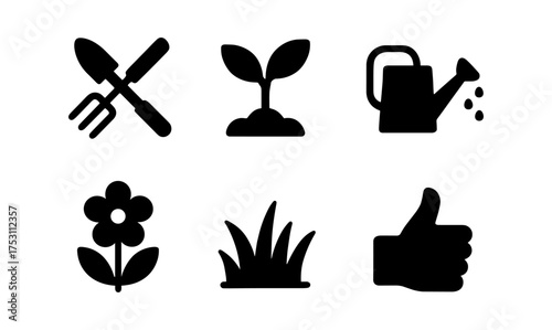 Gardening icons collection: tools, plants, and nature symbols in silhouette style