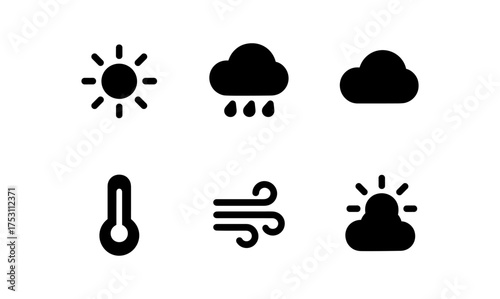 Minimalist weather icons: sun, clouds, rain, thermometer, wind, partly cloudy