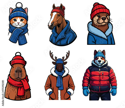 Winter animals in cozy clothing featuring a cat, horse, otter, and other wildlife dressed for the cold. Adorable winter animals showcase warm hats, scarves, jackets, and gloves for chilly days.
