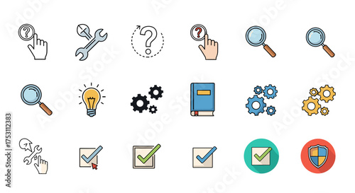Help and support vector icon set. Symbols for question, search, idea, settings, learning, and security. Magnifying glass, light bulb, gears, book, check mark, shield icons for user interface design.