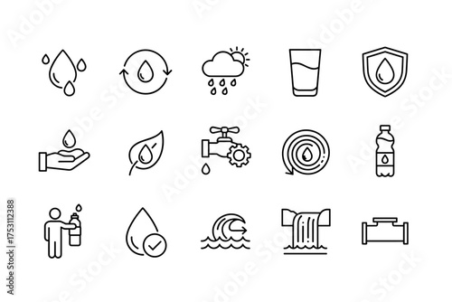 Water icon set in thin line style. Aqua, liquid, and drink outline symbols collection. Includes drop, recycle, rain, glass, bottle, tap, purity, conservation, nature, and eco concepts.