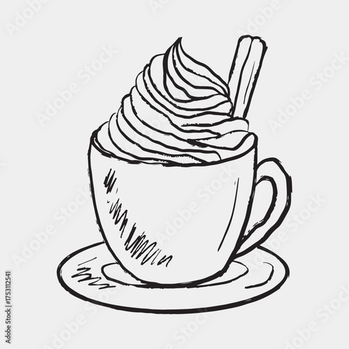 Hand drawn cup with whipped topping and cinnamon stick. Vector sketch illustration in vintage crayon textured style. Coffee design, hot cocoa beverage, cappuccino, cozy winter