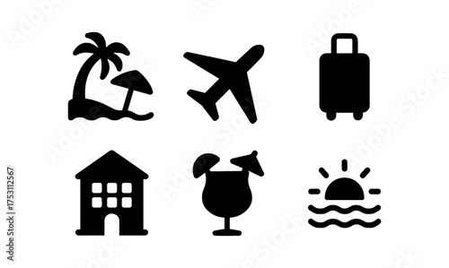 Travel icons: tropical getaway, airplane, luggage, accommodation, beach cocktail, sunset