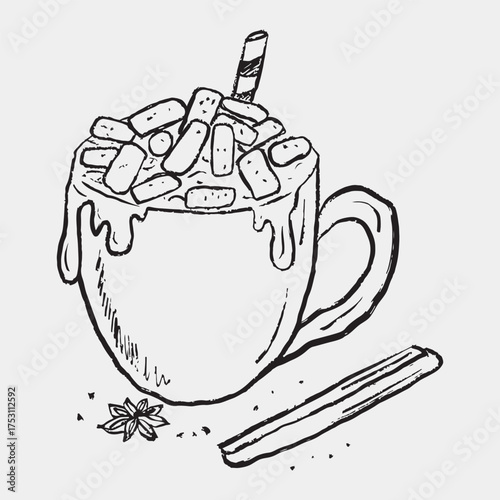 Hand drawn cup of cocoa with marshmallow and striped straw, anise star and cinnamon stick. Vector sketch illustration in vintage crayon textured style. Hot beverage, cafe design, Christmas