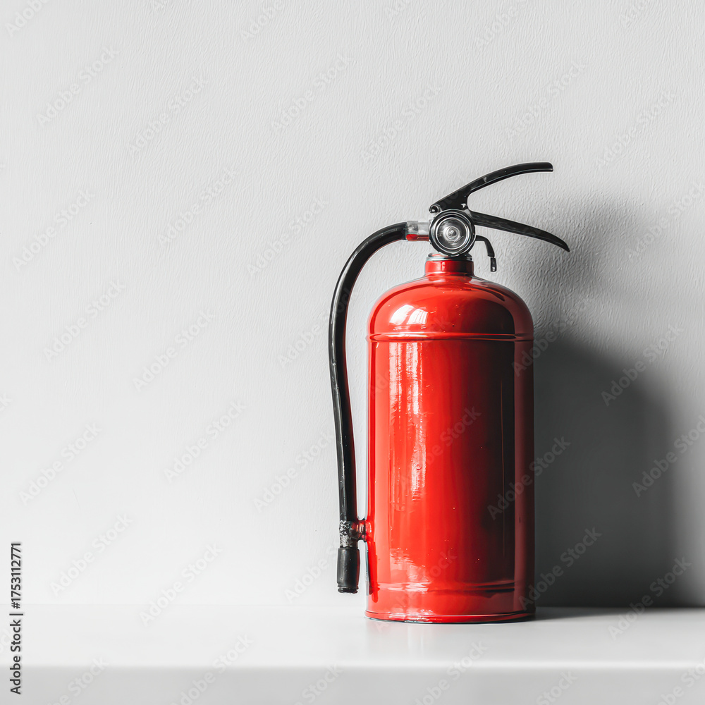 Obraz premium A red fire extinguisher stands against a plain wall, symbolizing safety and fire prevention in a minimalist setting.