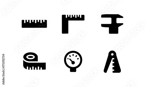 Measurement tool icons set: minimalist gauge, ruler, tape, caliper, protractor
