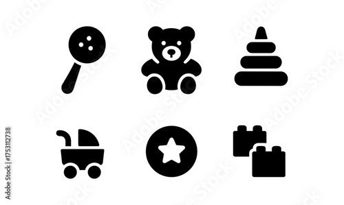 Set of black silhouette baby and toddler toys icons for kids