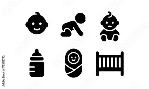 Baby icon set: smiling face, crawling infant, baby bottle, swaddle, crib in black silhouette design
