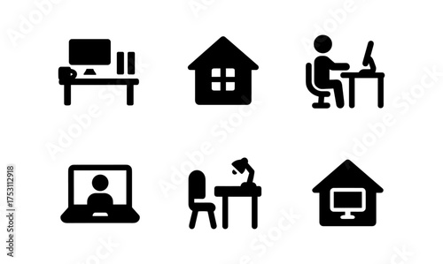 Home office setup icons: minimalist black silhouettes for remote work and study