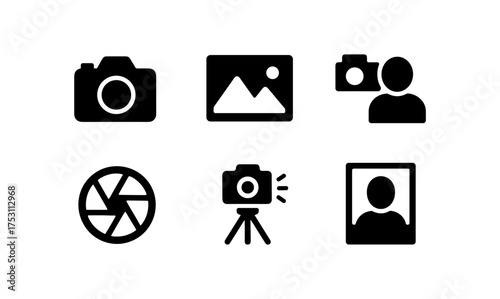 Photography icons set featuring camera, portrait, and tripod symbols