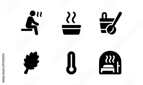 Sauna relaxation icons set featuring steam room, bucket, thermometer, leaf, bench