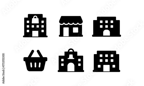 Silhouette icons of shopping buildings and basket for retail design