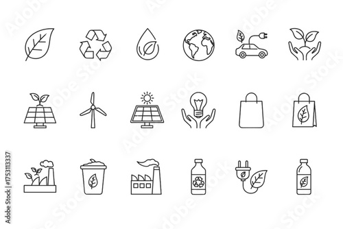 Set of Thin Line Icons Illustrating Sustainability, Renewable Energy, Green Technology, Eco-Friendly Practices, Recycling, Electric Vehicles, Solar Power, Wind Energy, and Environmental Protection