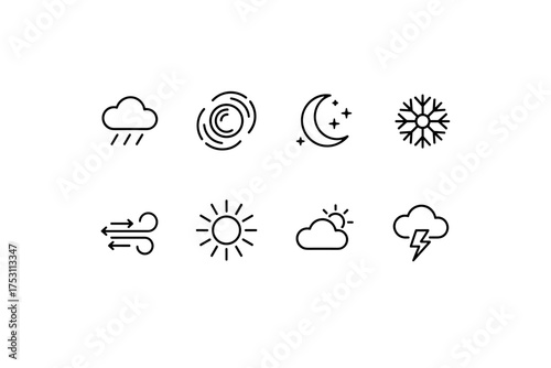 Set of weather icons line style vector design collection. Rain cloud, cyclone, crescent moon with stars, snowflake, wind, sun, partly cloudy, thunderstorm symbols for apps and websites