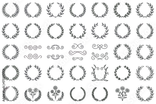 Elegant set of hand-drawn laurel wreaths, floral branches, and decorative leaf frames, vintage botanical design elements for invitations, logos, and ornamental borders
