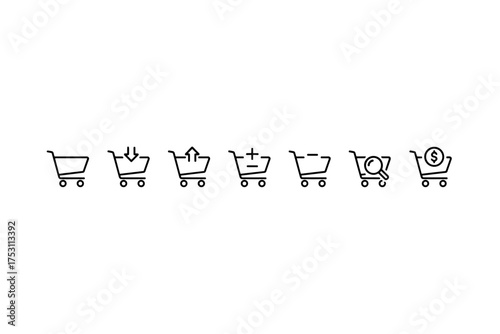 Shopping cart icon set vector collection for ecommerce, online shopping, add to cart, remove from cart, view details, purchase, and price symbols on white background