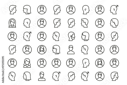 Diverse Silhouette Head Icons Collection, Male and Female Avatars, Profile Face Outlines, User Symbols, Person Portraits, Male Gender Symbols, Round Frame Heads, Minimalist Vector Set
