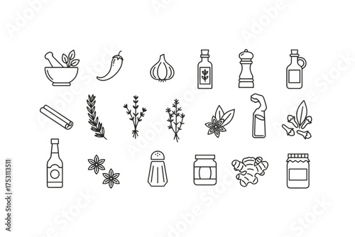 Collection of spices, herbs, condiments, and seasonings line icons including garlic, chili, cinnamon, rosemary, star anise, ginger, jars, bottles, and grinders for cooking and flavoring