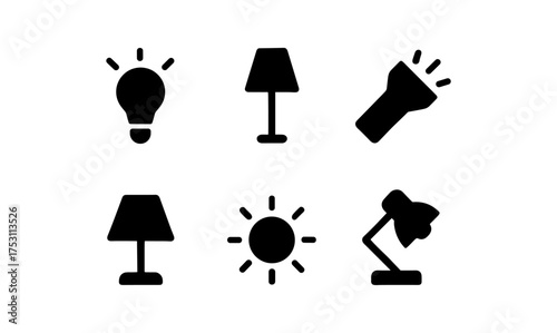 Minimalist black silhouette icons of lamps and lights for modern design