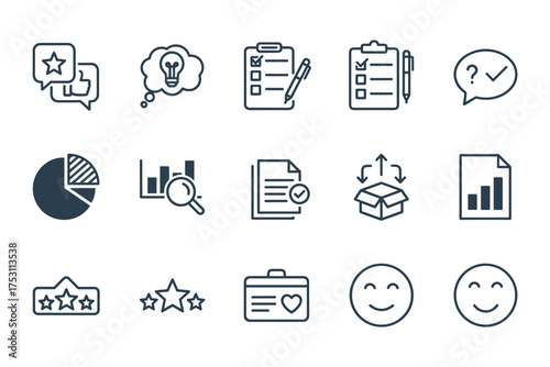 Comprehensive survey icon set with feedback, ratings, analytics, checklist, idea, and satisfaction symbols for business, marketing, and data analysis vector graphics