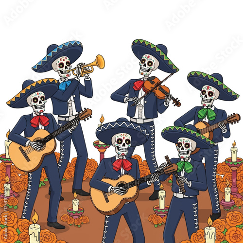 A group of skeleton musicians in mariachi costumes playing various instruments surrounded by orange flowers and candles on a brown surface against a white background with a festive and