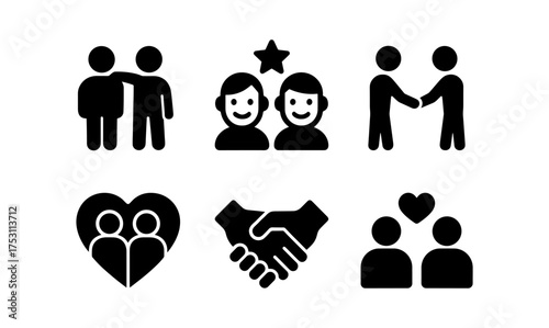 Vector icons of friendship and cooperation: illustrative social relations pictograms