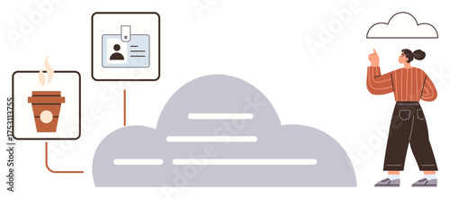 Abstract representation of cloud technology integration featuring a woman pointing at a cloud, a takeaway coffee cup, and ID card icons. Ideal for technology, cloud storage, identity verification