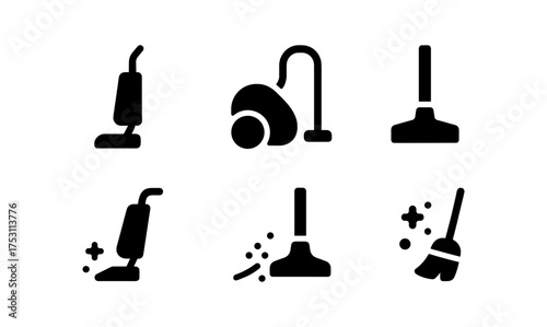 Set of cleaning equipment icons: vacuum, broom, dustpan silhouettes