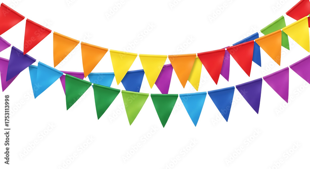 Obraz premium Colorful triangle bunting flags festive decoration isolated on transparent background