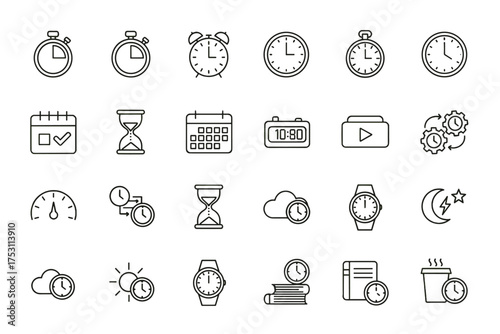 Time Icon Set with Timer, Alarm Clock, Stopwatch, Calendar, Hourglass, Watch, Speedometer, Cloud Time, and Scheduling Symbols for Business, Productivity, and Time Management Concepts