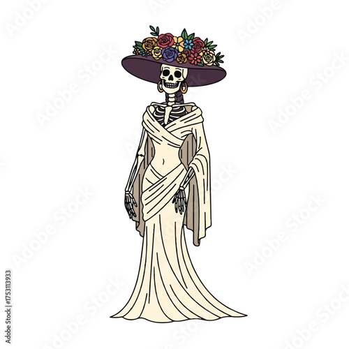 Illustration of a skeleton wearing a long dress and a floral hat on a white background with a touch of elegance and festivity.