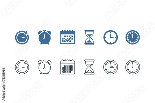 Vector time icon set with timer, alarm clock, calendar schedule, hourglass and analog clocks, time management symbols, countdown and reminder concepts, productivity and planning