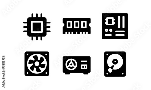 Essential computer hardware components icon set in bold silhouette style
