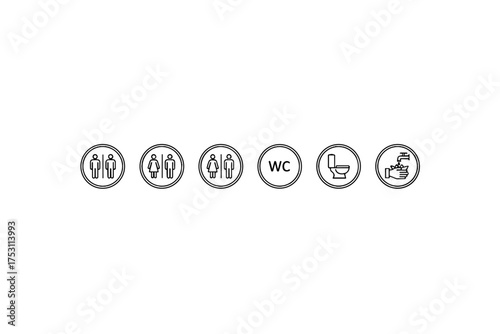 Set of modern toilet and restroom icons including men, women, unisex, WC, toilet bowl, hand washing, vector illustration for signage and bathroom symbols