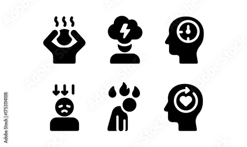 Mental health icons representing anxiety, stress, and wellness in minimalist silhouette style