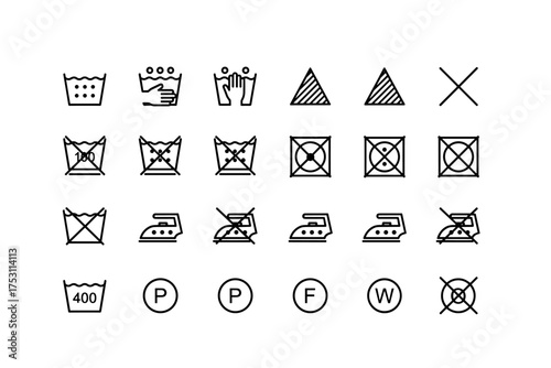 Laundry care symbols set, washing, ironing, bleaching, drying instructions icons collection, fabric care symbols for clothes maintenance, garment washing guidelines vector